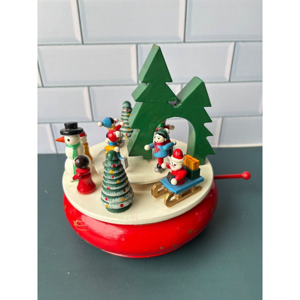 Vintage Wooden Christmas Music Box Skaters Santa Snowman Rotating Japan